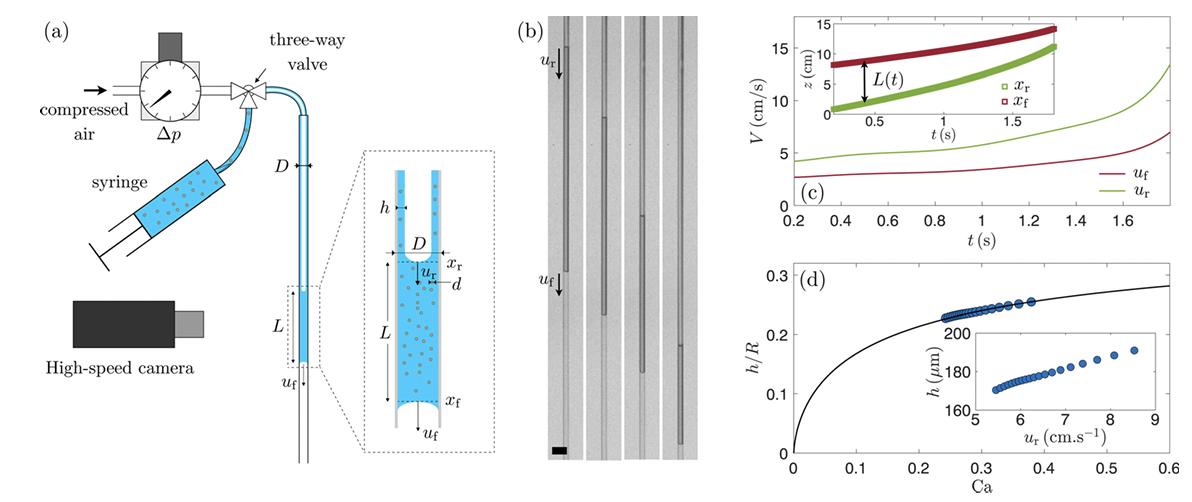 Experimental setup and data from 'Particulate suspension coating of capillary tubes' — pressurized syringe driving suspension through a capillary, with velocity and Ca/h plots.